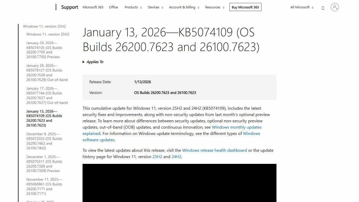 January 13, 2026—KB5074109 (OS Builds 26200.7623 and 26100.7623) - Microsoft Support