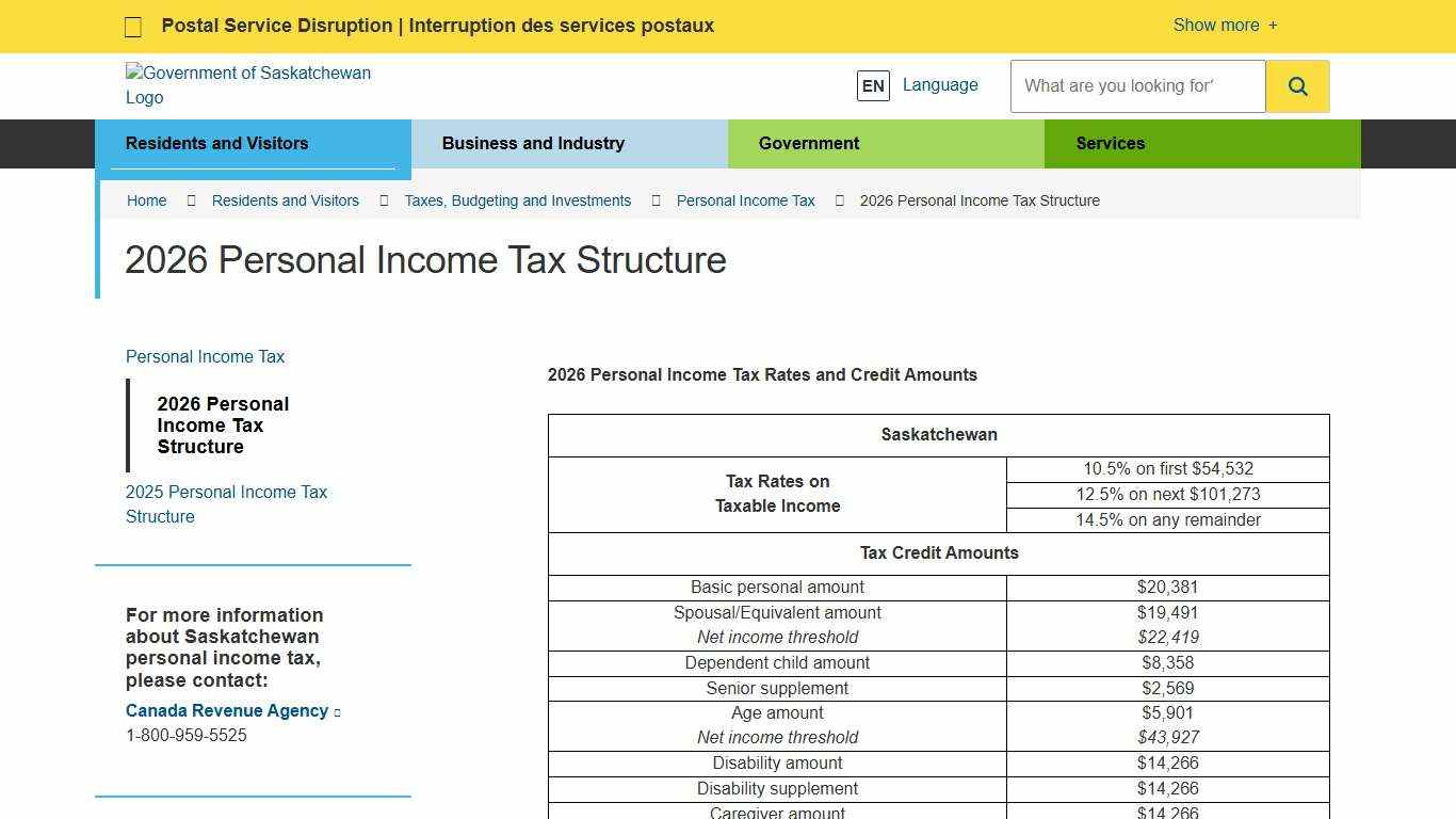 2026 Personal Income Tax Structure Personal Income Tax Government of Saskatchewan